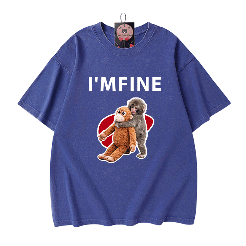 I'M FINE Monkey Graphic Modakawa Unisex Vintage Washed T-shirt - Blue - 5XL - image 2