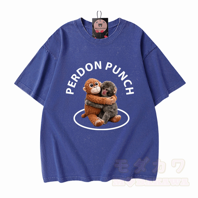 PERDON PUNCH Hugging Monkey Graphic Modakawa Unisex Vintage Washed T-shirt - Blue - 5XL - image 1