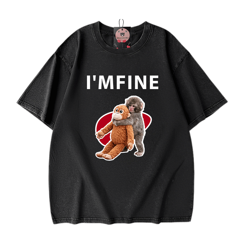 I'M FINE Monkey Graphic Modakawa Unisex Vintage Washed T-shirt - Black - 5XL - image 8