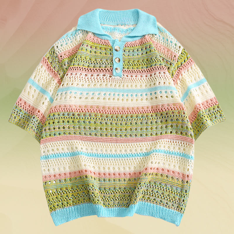 Stripe Open Knit Polo Shirt Quick Dry Drawstring Shorts Modakawa Matching Outfit - Blue Shirt (Single) - 2XL - image 7