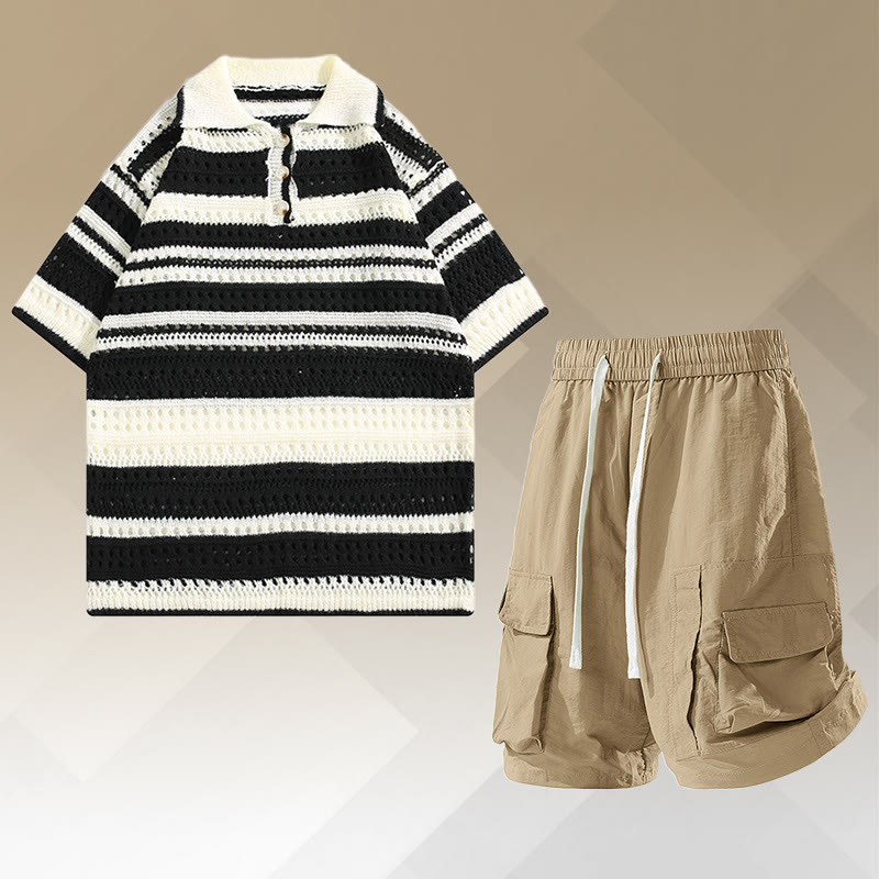 Stripe Open Knit Polo Shirt Quick Dry Drawstring Cargo Shorts Modakawa Matching Outfit - Two Pieces Set B - 2XL - image 2