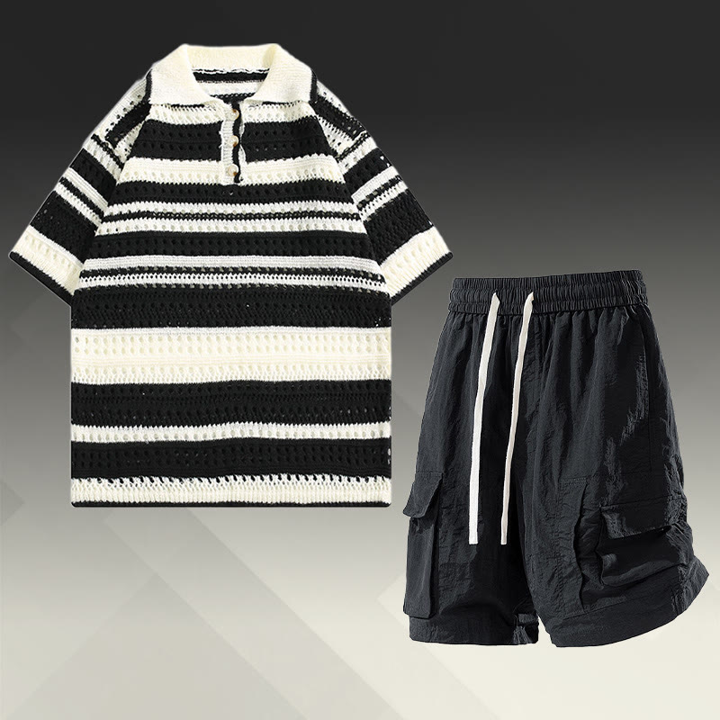 Stripe Open Knit Polo Shirt Quick Dry Drawstring Cargo Shorts Modakawa Matching Outfit - Two Pieces Set A - 2XL - image 1