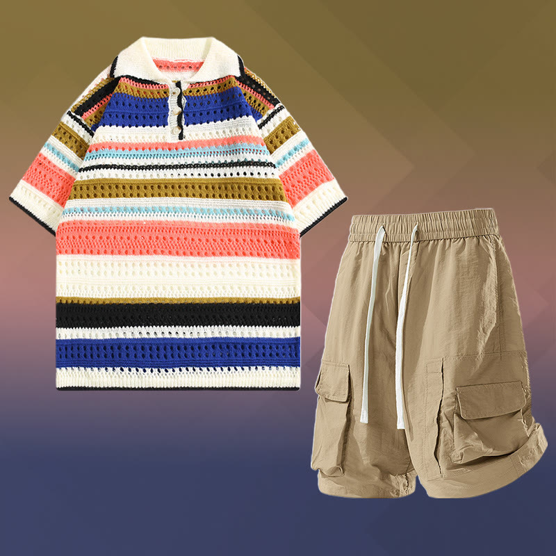 Stripe Open Knit Polo Shirt Quick Dry Drawstring Cargo Shorts Modakawa Matching Outfit - Two Pieces Set D - 2XL - image 4