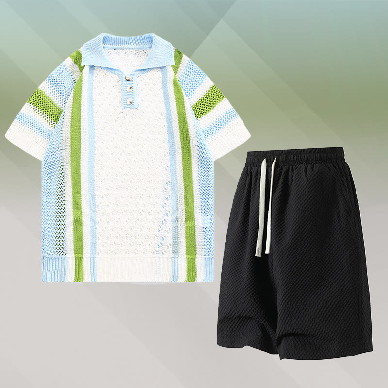 Stripe Open Knit Polo Shirt Textured Drawstring Shorts Modakawa Matching Outfit - Two Pieces Set C - 3XL - image 3