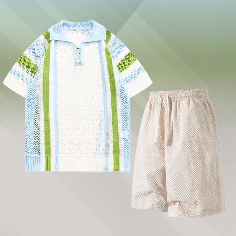 Stripe Open Knit Polo Shirt Textured Drawstring Shorts Modakawa Matching Outfit - Two Pieces Set B - 3XL - image 2