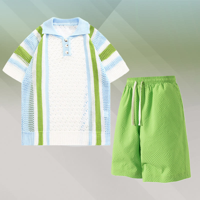 Stripe Open Knit Polo Shirt Textured Drawstring Shorts Modakawa Matching Outfit - Two Pieces Set A - 3XL - image 1
