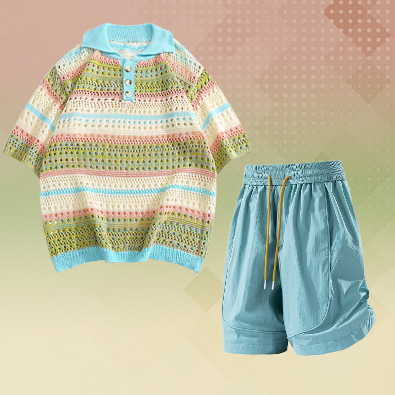 Stripe Open Knit Polo Shirt Quick Dry Drawstring Shorts Modakawa Matching Outfit - Two Pieces Set B - 2XL - image 2