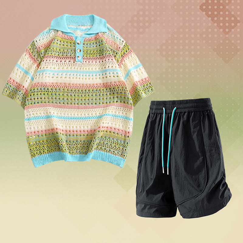 Stripe Open Knit Polo Shirt Quick Dry Drawstring Shorts Modakawa Matching Outfit - Two Pieces Set A - 2XL - image 1