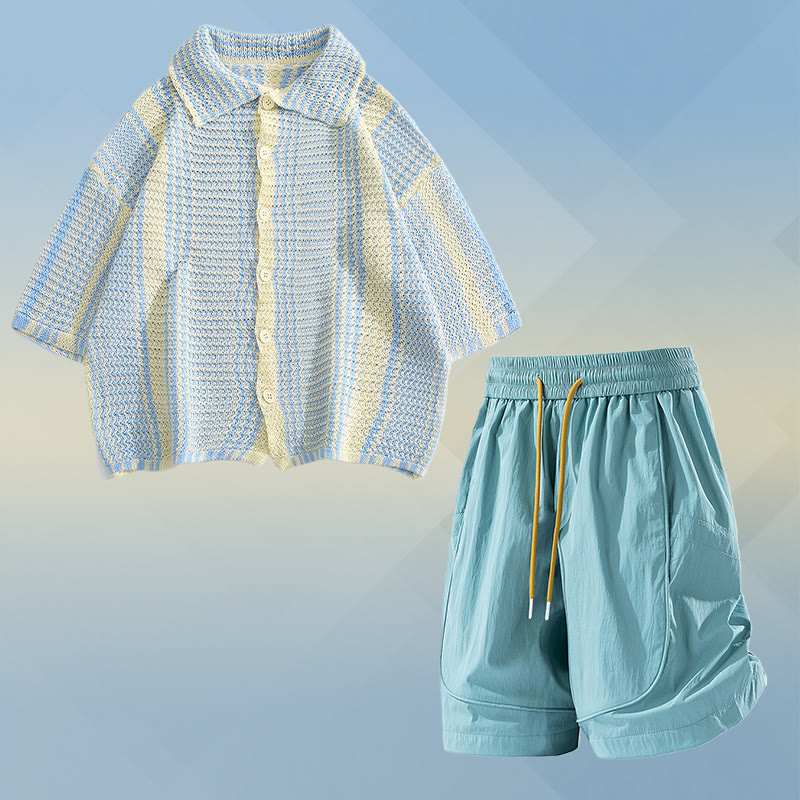 Stripe Knit Polo Shirt Quick Dry Drawstring Shorts Modakawa Matching Outfit - Two Pieces Set D - 2XL - image 4