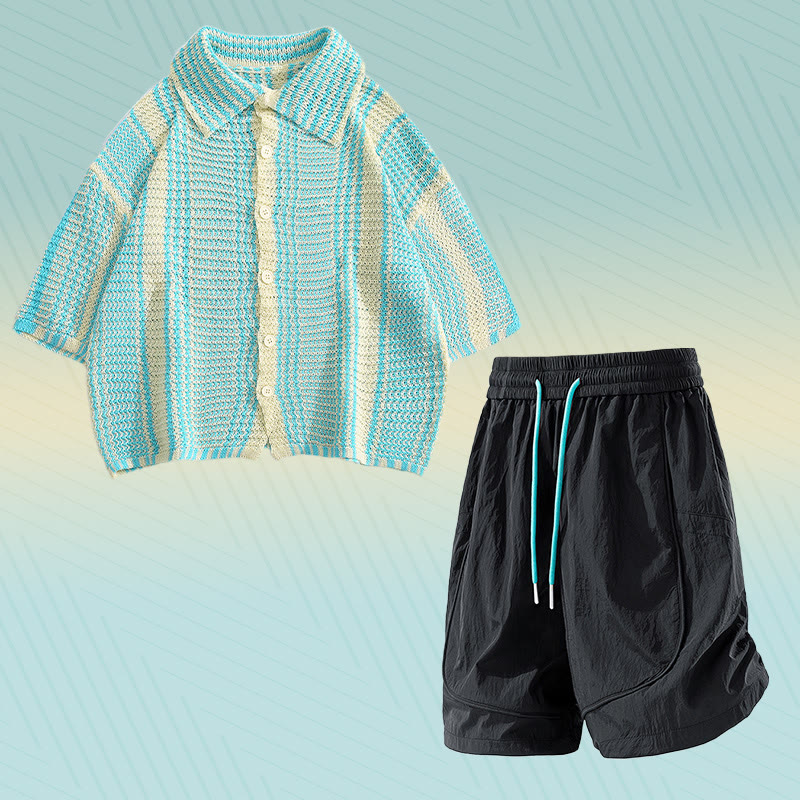 Stripe Knit Polo Shirt Quick Dry Drawstring Shorts Modakawa Matching Outfit - Two Pieces Set C - 2XL - image 3