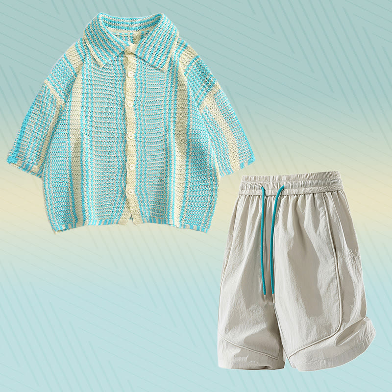 Stripe Knit Polo Shirt Quick Dry Drawstring Shorts Modakawa Matching Outfit - Two Pieces Set  B - 2XL - image 2