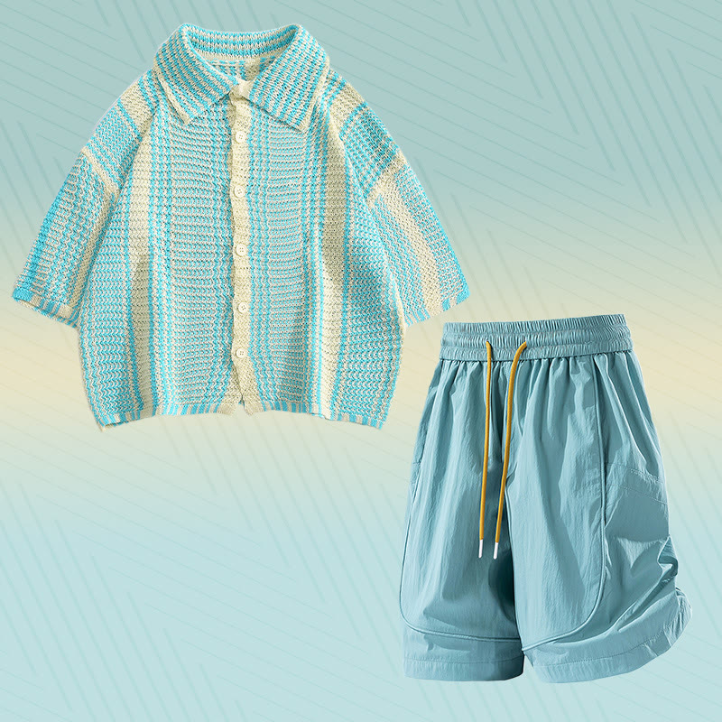 Stripe Knit Polo Shirt Quick Dry Drawstring Shorts Modakawa Matching Outfit - Two Pieces Set A - 2XL - image 1
