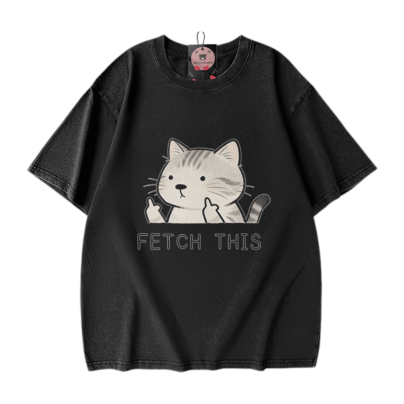 FETCH THIS Cat Graphic Modakawa Vintage Washed 100% Cotton T-shirt - Black - 5XL - image 1
