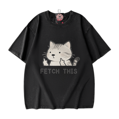 FETCH THIS Cat Graphic Modakawa Vintage Washed 100% Cotton T-shirt - Black - 5XL - image 1