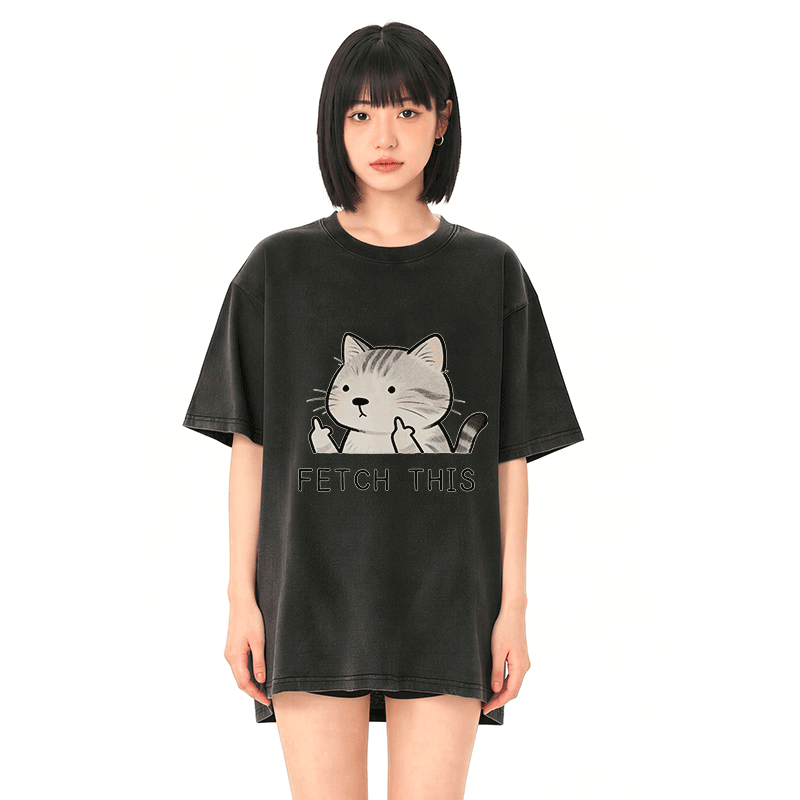 FETCH THIS Cat Graphic Modakawa Vintage Washed 100% Cotton T-shirt - image 2