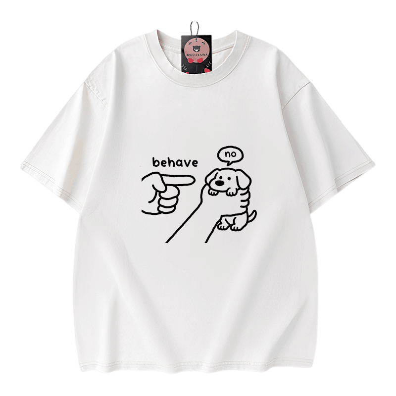 BEHAVE NO Puppy Graphic Modakawa Vintage Washed 100% Cotton T-shirt - White - 5XL - image 3