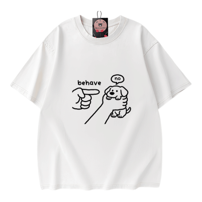 BEHAVE NO Puppy Graphic Modakawa Vintage Washed 100% Cotton T-shirt - White - 5XL - image 3