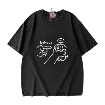 BEHAVE NO Puppy Graphic Modakawa Vintage Washed 100% Cotton T-shirt - Black - 5XL - image 2