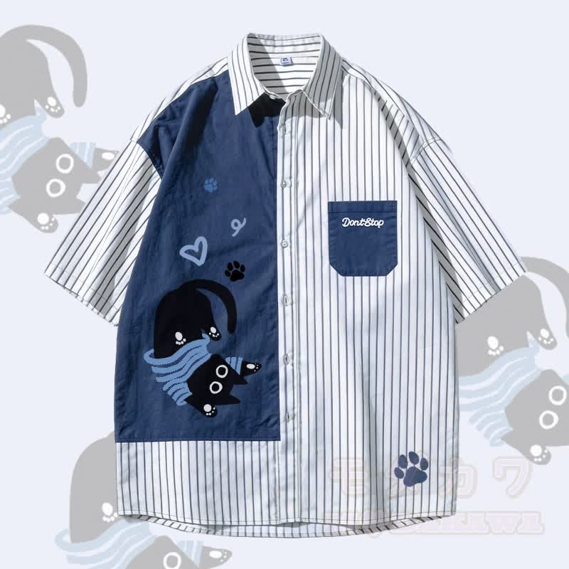 Playful Black Cat Graphic Modakawa Color Block Stripe Oversized Shirt - Blue - 3XL - image 2