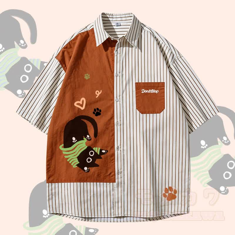 Playful Black Cat Graphic Modakawa Color Block Stripe Oversized Shirt - Brown - 3XL - image 1