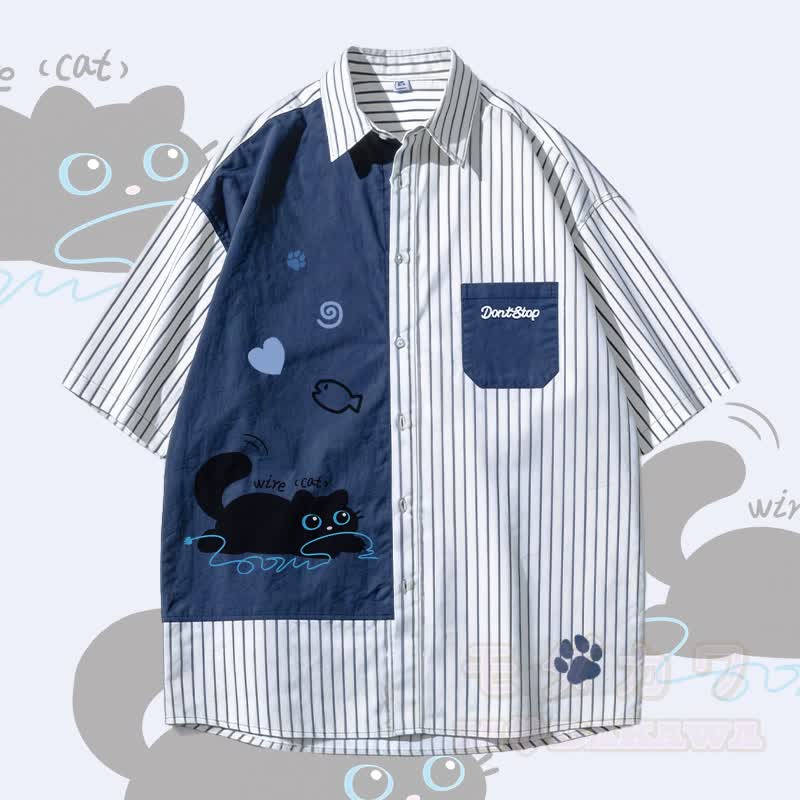 WIRE CAT Black Cat Graphic Modakawa Color Block Stripe Oversized Shirt - Blue - 3XL - image 3
