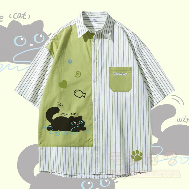 WIRE CAT Black Cat Graphic Modakawa Color Block Stripe Oversized Shirt - Green - 3XL - image 1