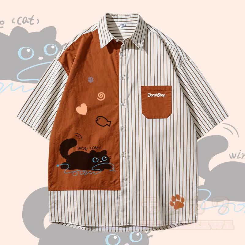 WIRE CAT Black Cat Graphic Modakawa Color Block Stripe Oversized Shirt - Brown - 3XL - image 2