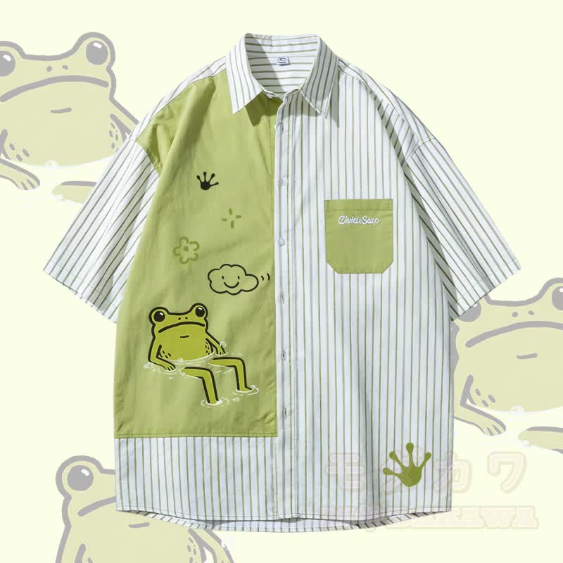 Funny Frog Graphic Modakawa Color Block Stripe Oversized Shirt - Green - 3XL - image 3