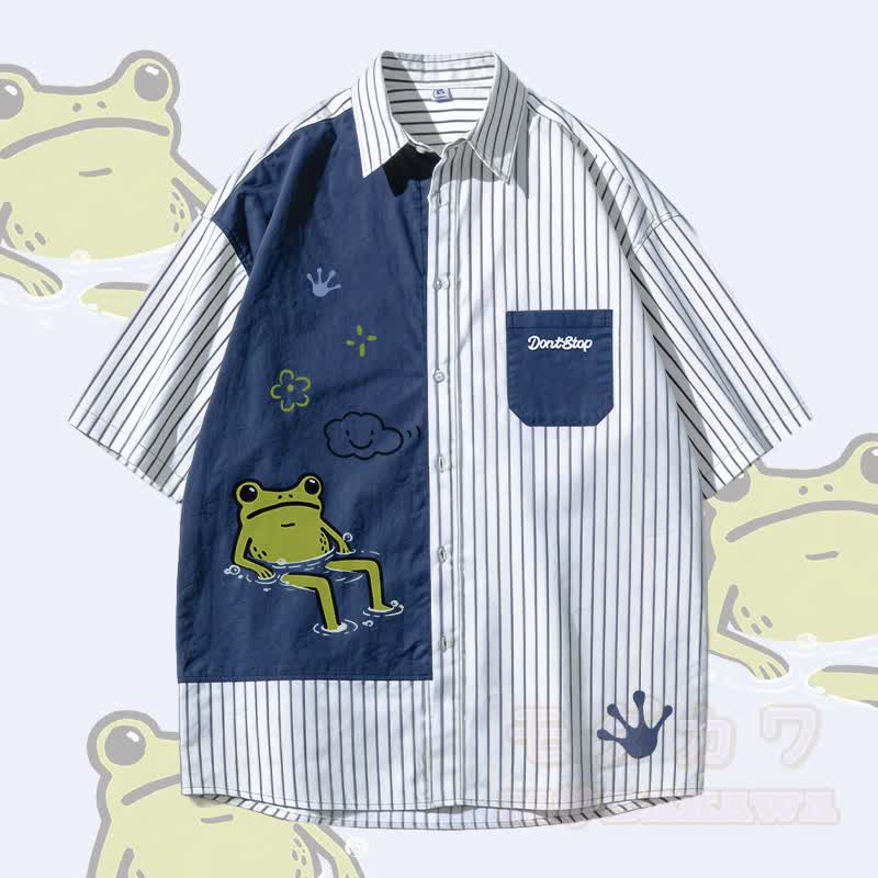 Funny Frog Graphic Modakawa Color Block Stripe Oversized Shirt - Blue - 3XL - image 1