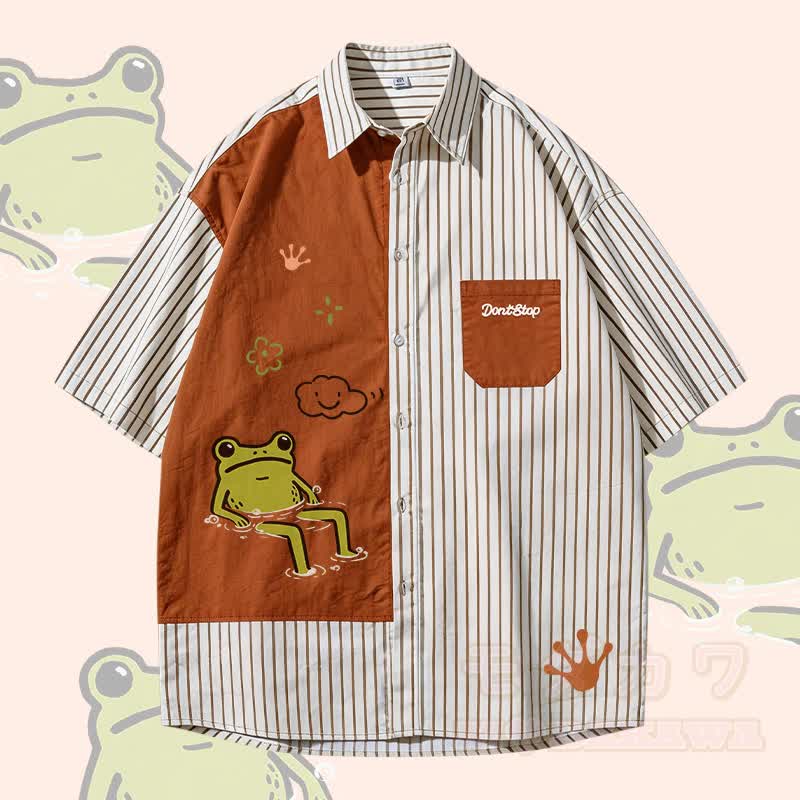 Funny Frog Graphic Modakawa Color Block Stripe Oversized Shirt - Brown - 3XL - image 2