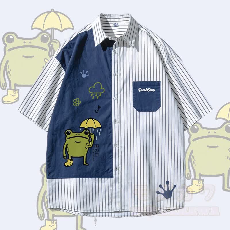 Rainy Frog Graphic Modakawa Color Block Stripe Oversized Shirt - Blue - 3XL - image 2