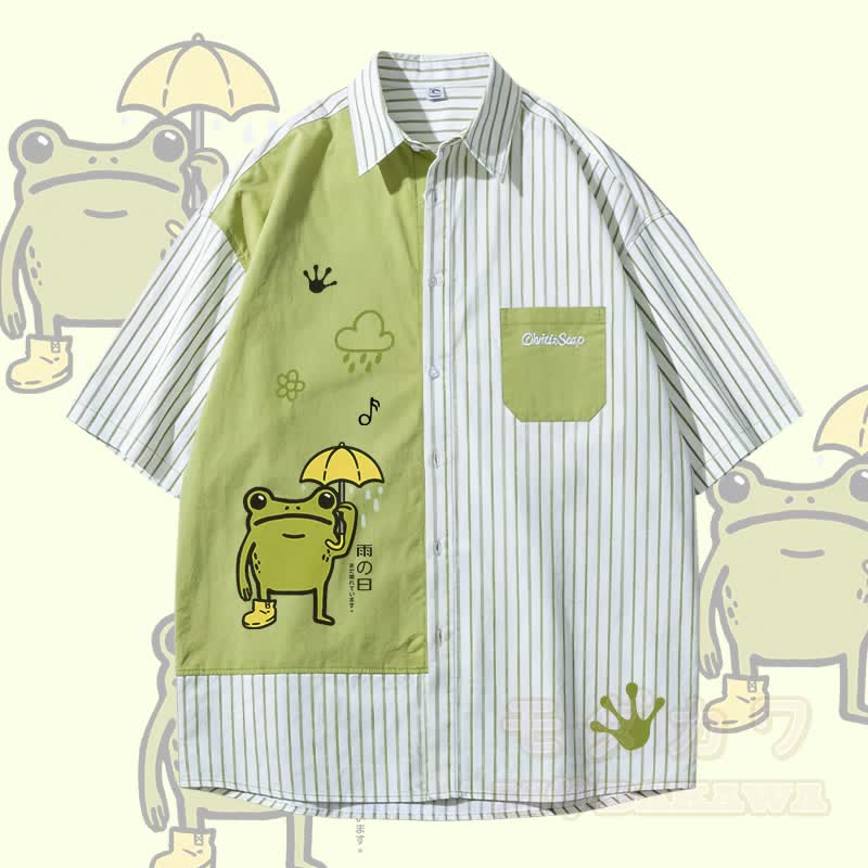 Rainy Frog Graphic Modakawa Color Block Stripe Oversized Shirt - Green - 3XL - image 1