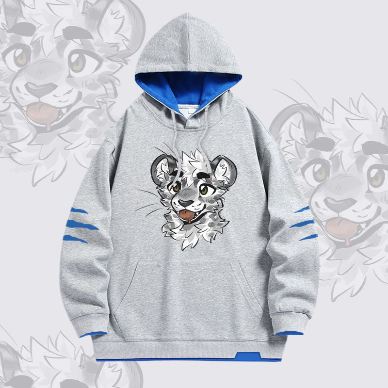 MODAKAWA X atka Cheeky Tiger Face Graphic Oversized Contrast Lining Pullover Hoodie - Grey - 4XL - image 1