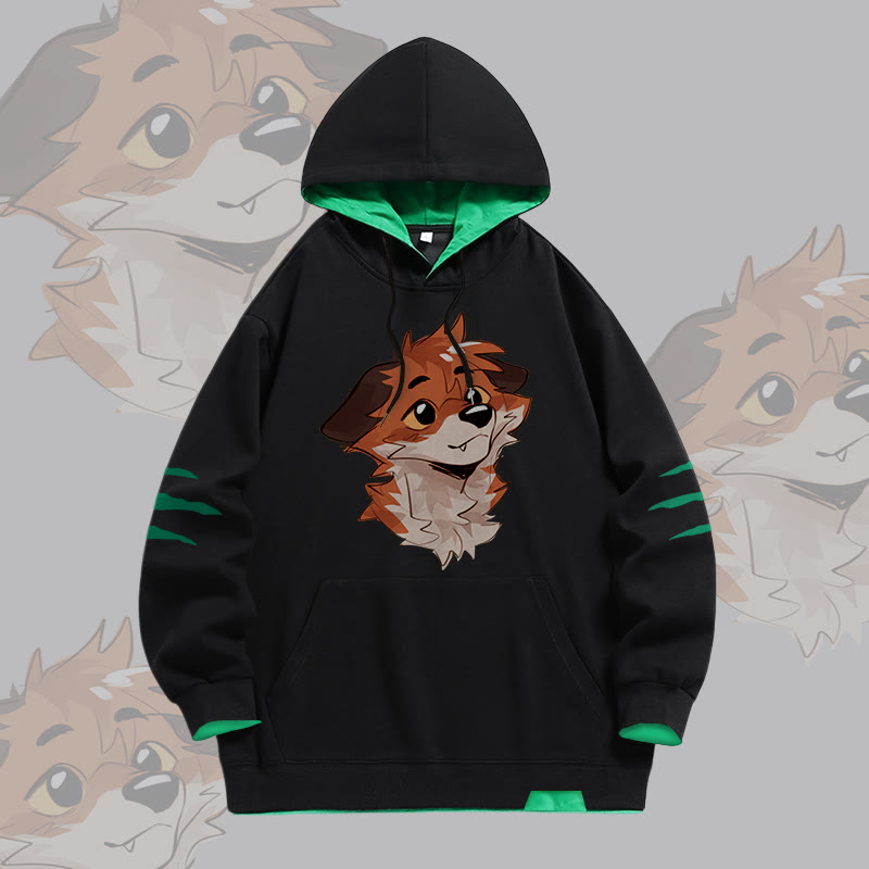 MODAKAWA X atka Anticipating Fox Graphic Oversized Contrast Lining Pullover Hoodie - Black - 4XL - image 1