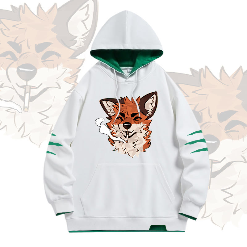 MODAKAWA X atka Fox Smoking Graphic Oversized Contrast Lining Pullover Hoodie - White - 4XL - image 2