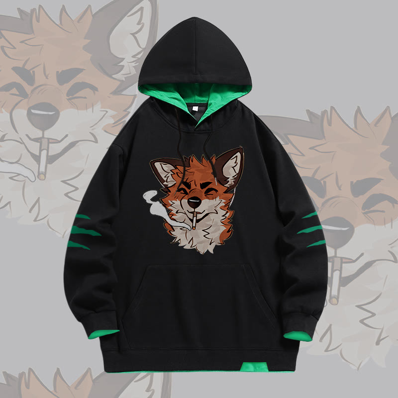 MODAKAWA X atka Fox Smoking Graphic Oversized Contrast Lining Pullover Hoodie - Black - 4XL - image 1