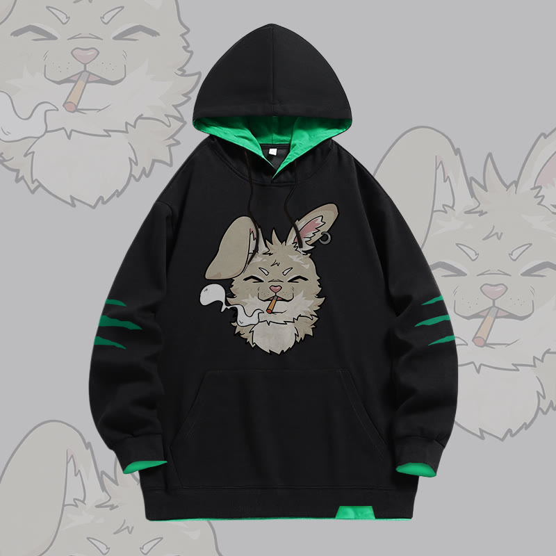 NABI Smoking Bunny Graphic Modakawa Oversized Contrast Lining Pullover Hoodie - Black - 4XL - image 2