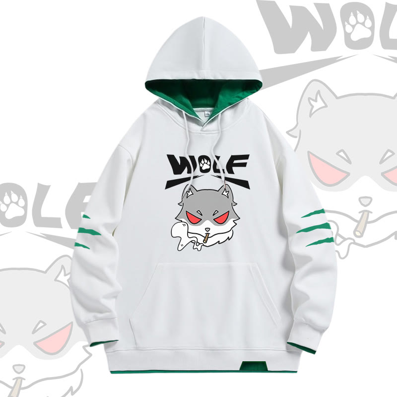 Smoking Wolf Graphic Modakawa Oversized Contrast Lining Pullover Hoodie - White - 4XL - image 2