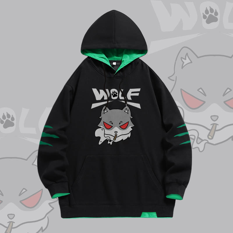 Smoking Wolf Graphic Modakawa Oversized Contrast Lining Pullover Hoodie - Black - 4XL - image 1