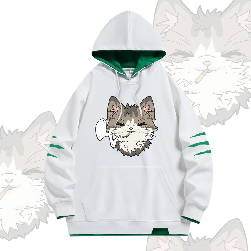 Smoking Cat Graphic Modakawa Oversized Contrast Lining Pullover Hoodie - White - 4XL - image 2