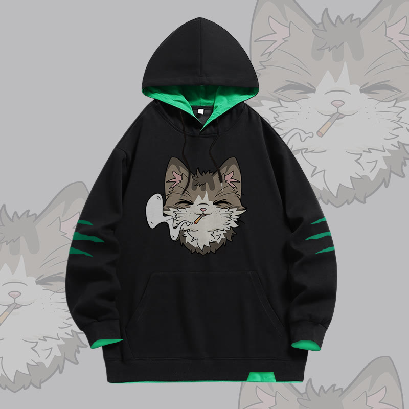 Smoking Cat Graphic Modakawa Oversized Contrast Lining Pullover Hoodie - Black - 4XL - image 3