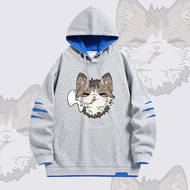 Smoking Cat Graphic Modakawa Oversized Contrast Lining Pullover Hoodie - Grey - 4XL - image 1