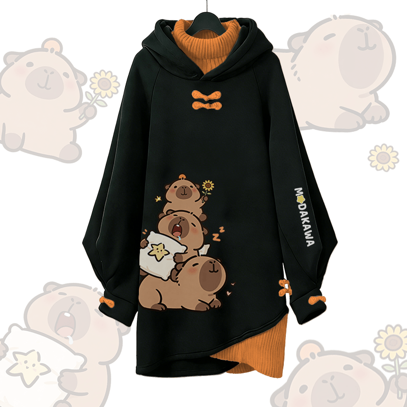 Capybara Graphic Modakawa Buckle Vintage Hooded Sweatshirt Dress - Black - 3XL - image 1