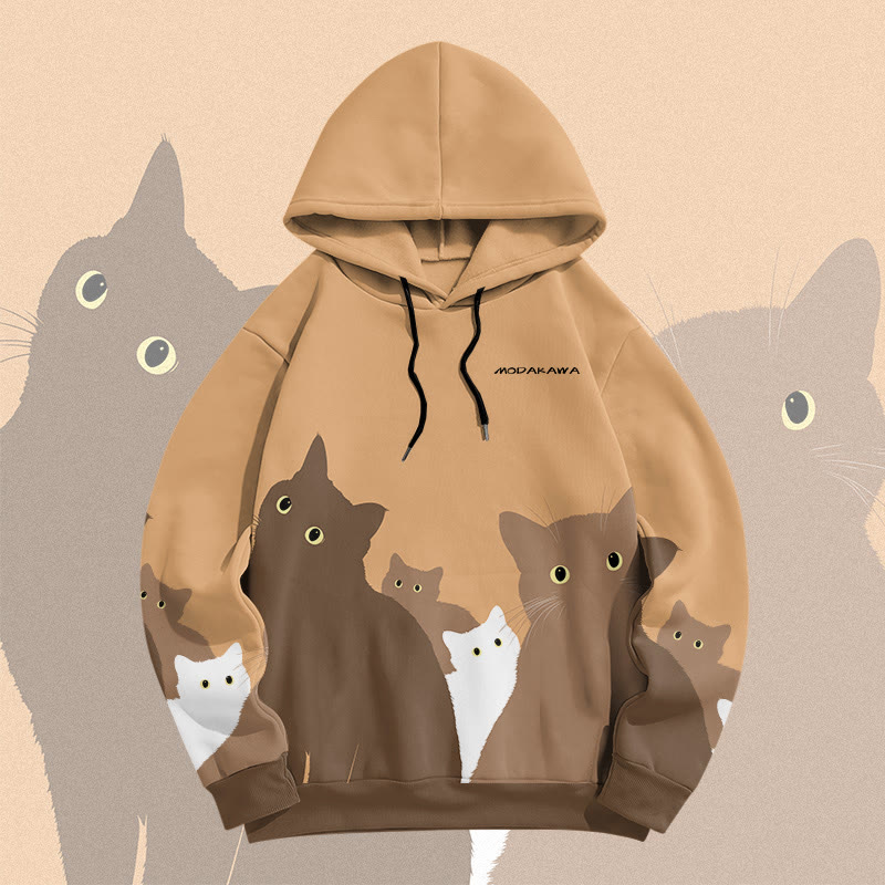 MODAKAWA Color Block Cat Crowd Graphic All Over Print Pullover Hoodie - Khaki - 6XL - image 2