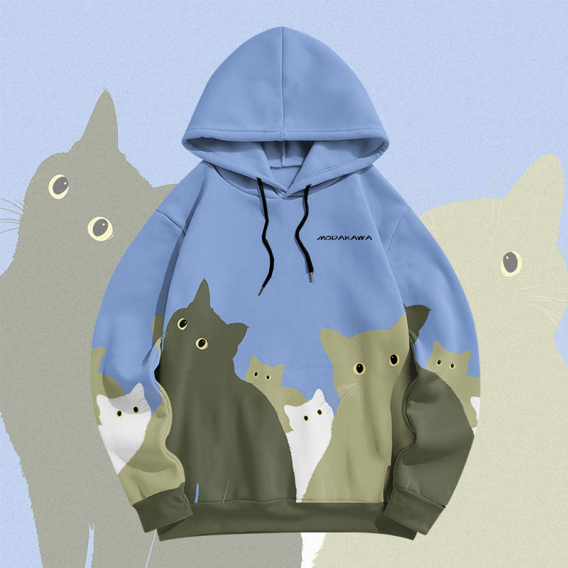 MODAKAWA Color Block Cat Crowd Graphic All Over Print Pullover Hoodie - Blue - 6XL - image 1
