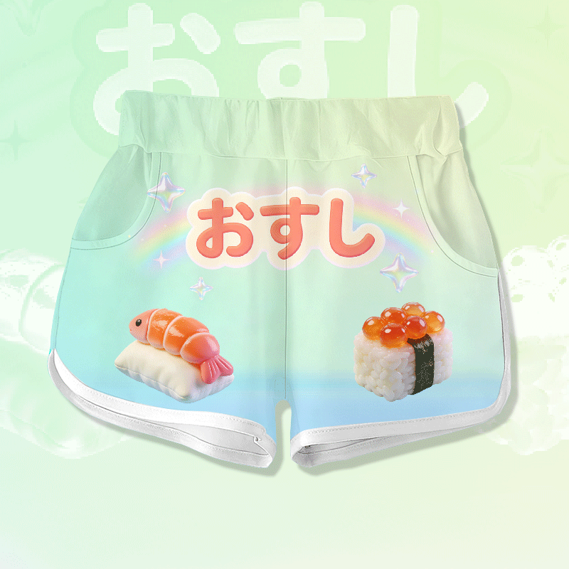 Kawaii Sushi Graphic Modakawa Shorts - Green - 5XL - image 1
