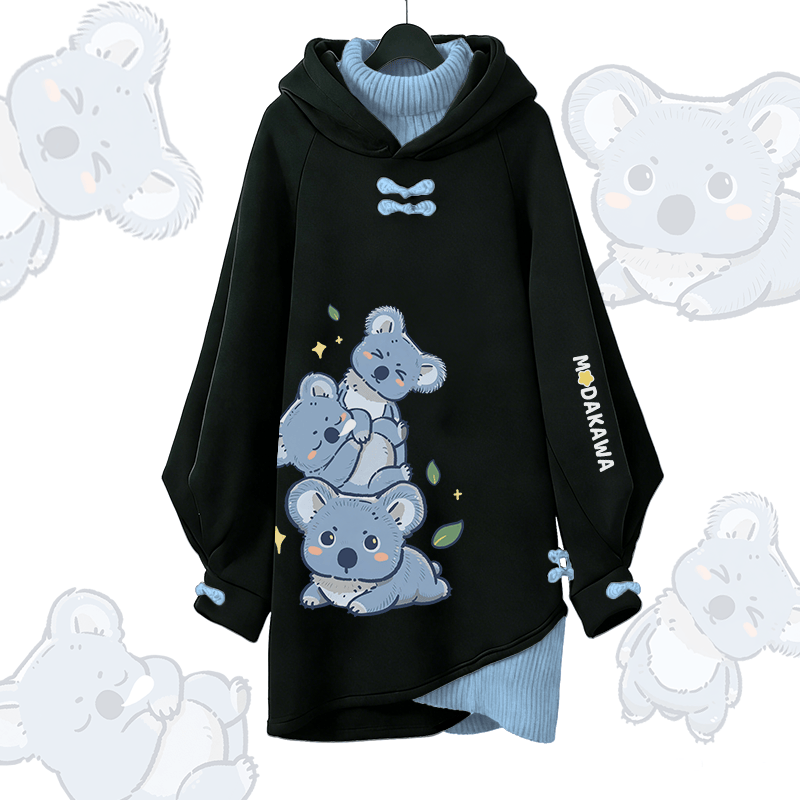 Playful Koala Graphic Modakawa Buckle Vintage Hooded Sweatshirt Dress - Black - 3XL - image 1