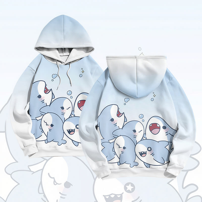 MODAKAWA Gradient Playful Shark Graphic Pullover Hoodie - Blue - 6XL - image 2