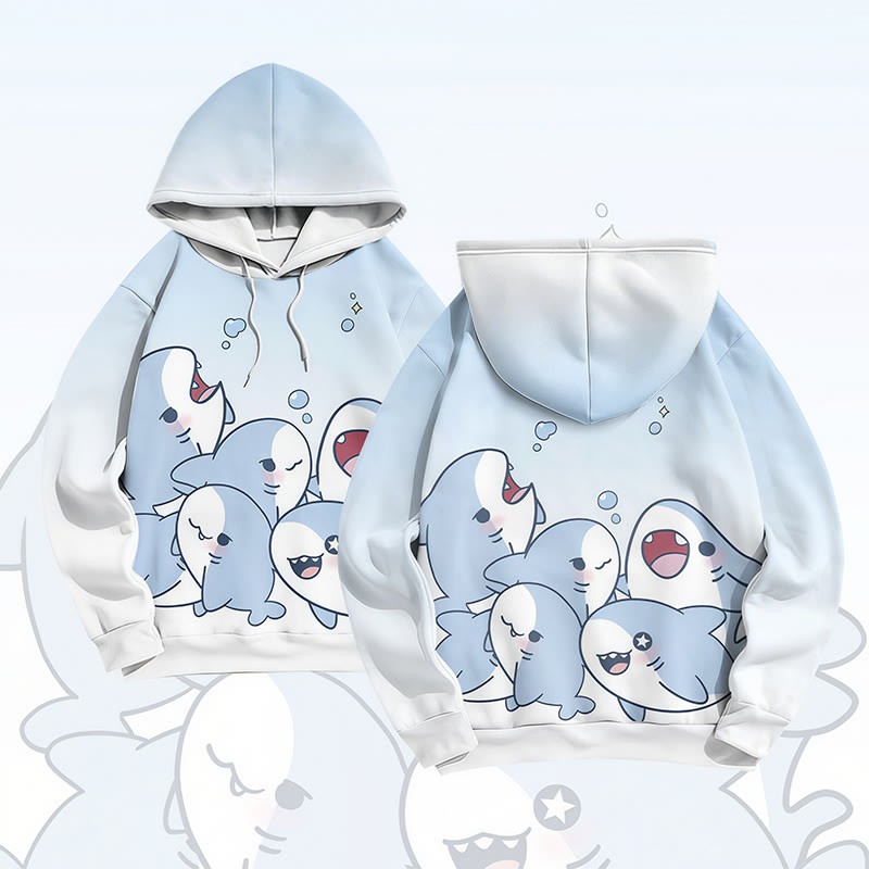 MODAKAWA Gradient Playful Shark Graphic Pullover Hoodie - Blue - 6XL - image 2