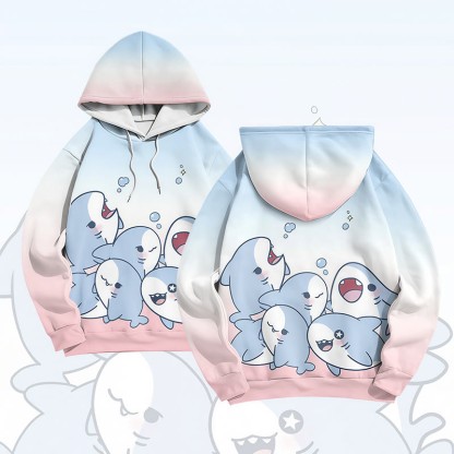 MODAKAWA Gradient Playful Shark Graphic Pullover Hoodie - Pink&Blue - 6XL - image 1